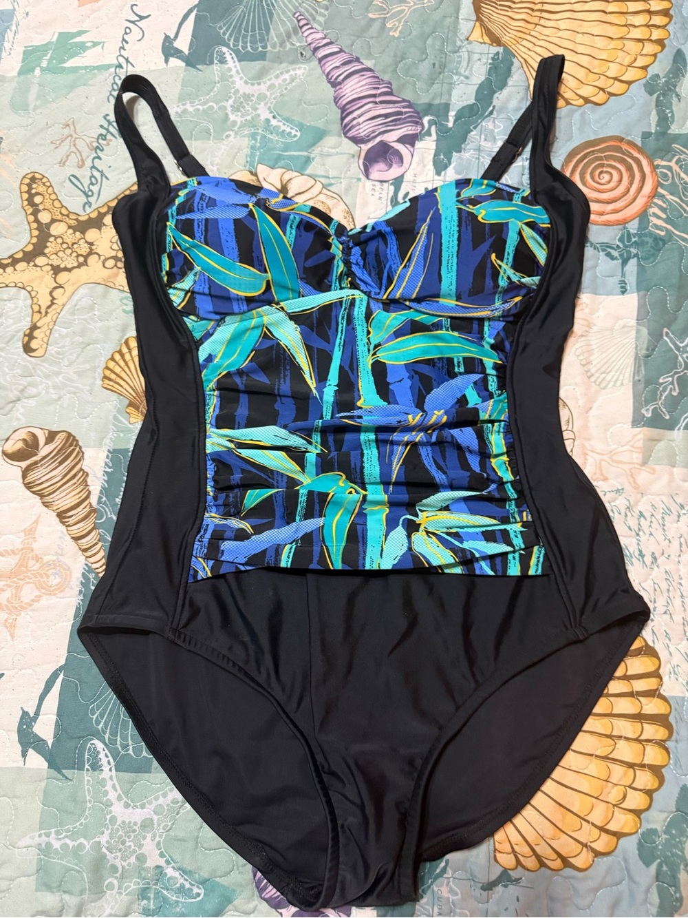 Black One-Piece Swimwear with Blue & Teal Tropical Print